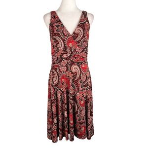 Vintage Red Paisley Midi Sundress Size 10 Summer Faux Wrap Vacation Casual